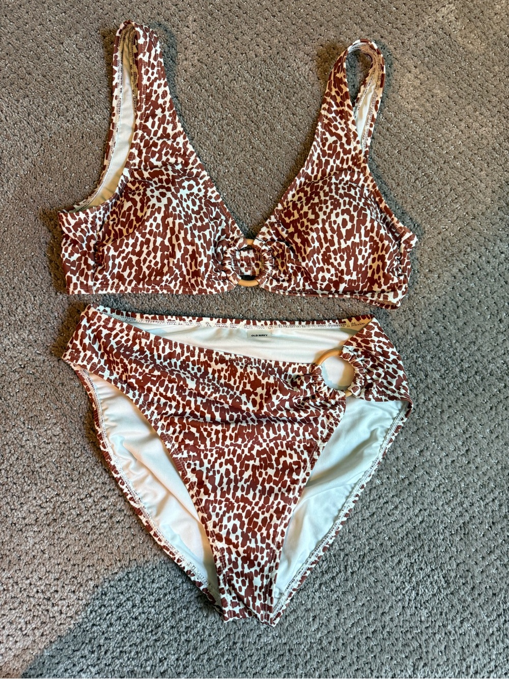 Old Navy Brown and White Animal-Print Ring-Accent Bikini